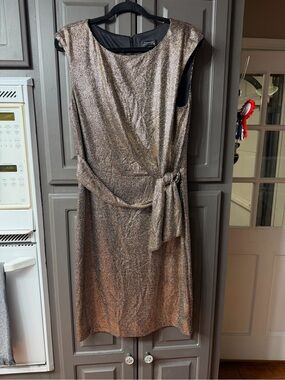 Tahari Arthurs S Levine Metallic Bronze Sheath Dress with Tie Waist. Cocktail